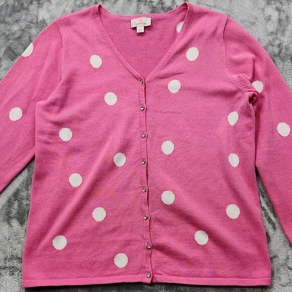 Quacker Factory Sweater Womens S Pink White Polka Dot V-Neck Buttons Preppy - Picture 2 of 10